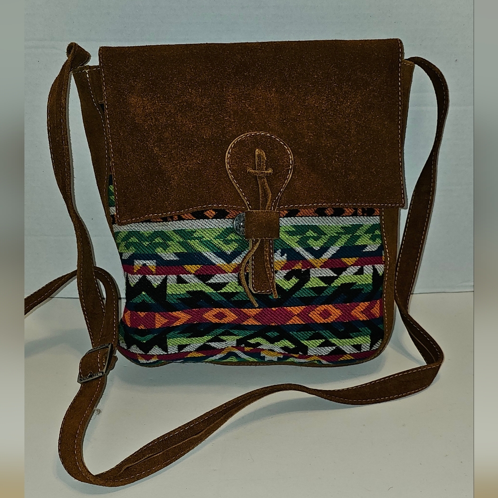 Women's Crossbody Bag Ecuador Boho Nubuck Suede Rough Leather Brown Tapestry
